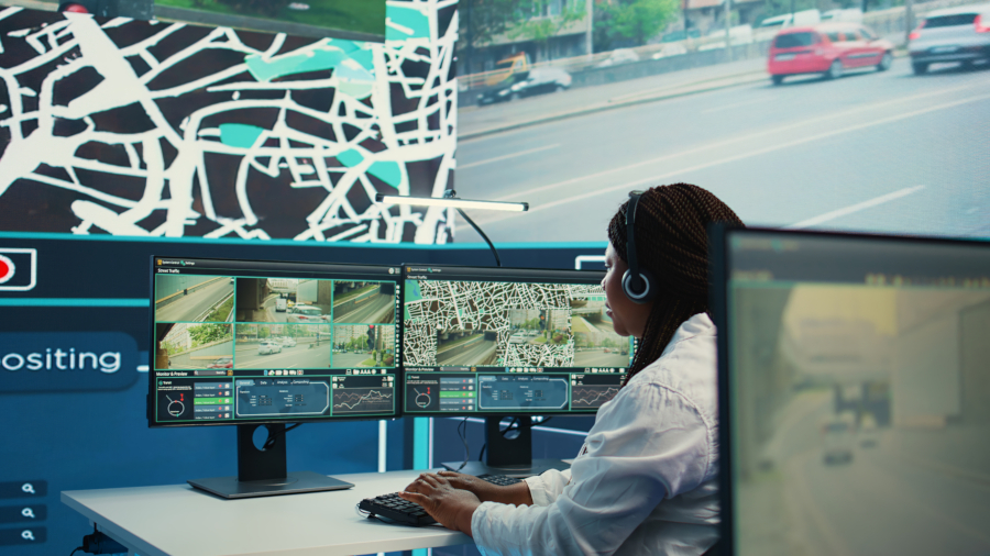 African american operator works on call center at shipping agency, offering real time updates to clients about their order and delivery. Tracking GPS coordinates to arrive at destination. Camera B.